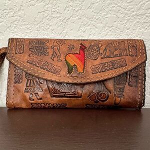 Vintage Leather Wallet Brown Hand Tooled with Llama Front from Guatemala